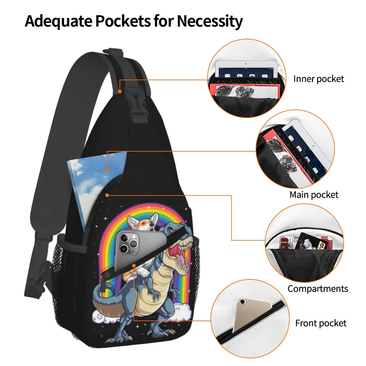 كورجي ركوب ديناصور تي ريكس قميص مضحك قوس قزح الكلب حقيبة صدر للرجال الرجال الرافعة Crossbody على ظهره حقيبة صدر للرجال المشي لمسافات طويلة Daypack حقيبة كتف