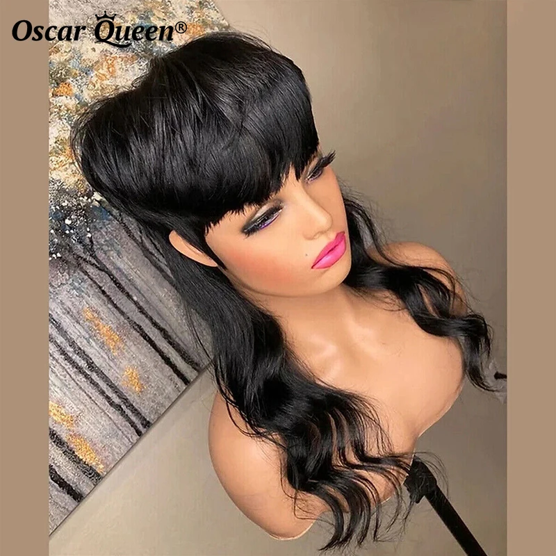 

18inch 150% Density Wig With Bang Body Wave Human Hair Wigs For Women Pixie Cut Wig Human Hair Perruque Cheveux Humain Hd Lace