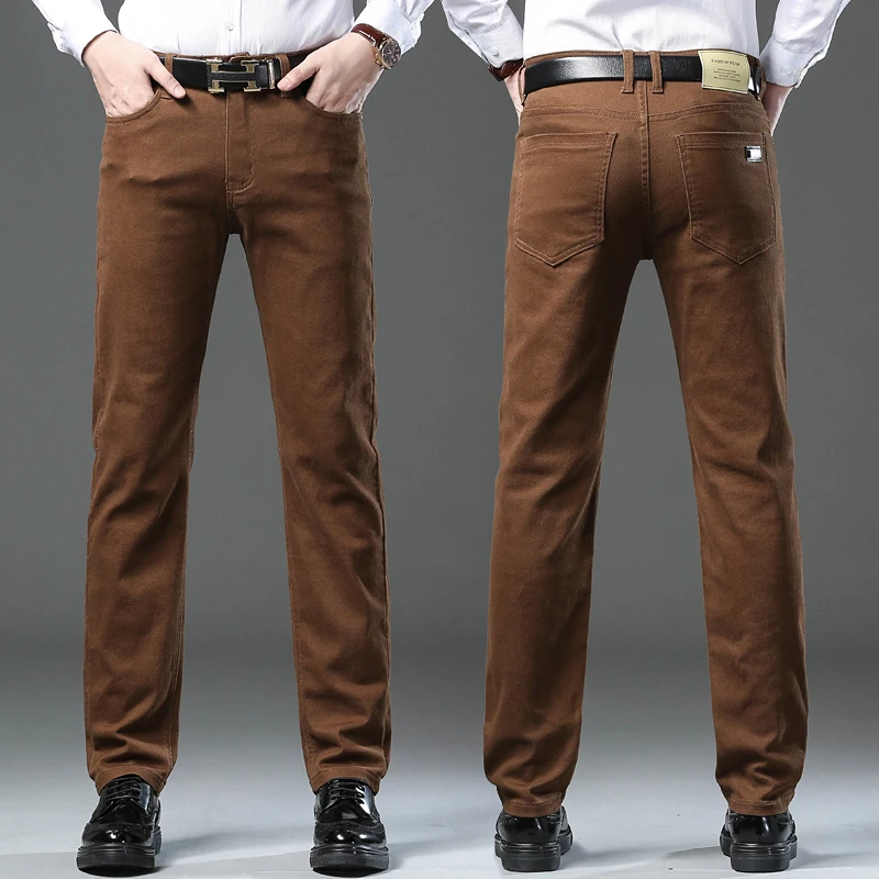

Классический стиль, 3-цветные осенние мужские тонкие коричневые джинсы, высококачественные деловые повседневные эластичные джинсовые брюки, мужские брендовые брюки