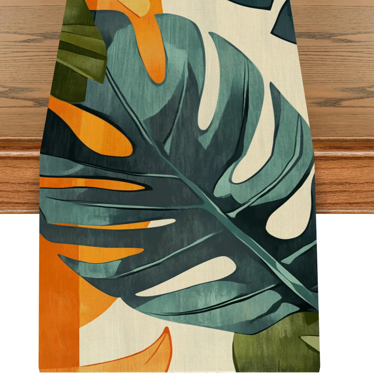 Camino de mesa navideño entrelazado de estilo Tropical con hojas naranja y verde oscuro, decoración de escritorio exótica, bandera de mesa de tela