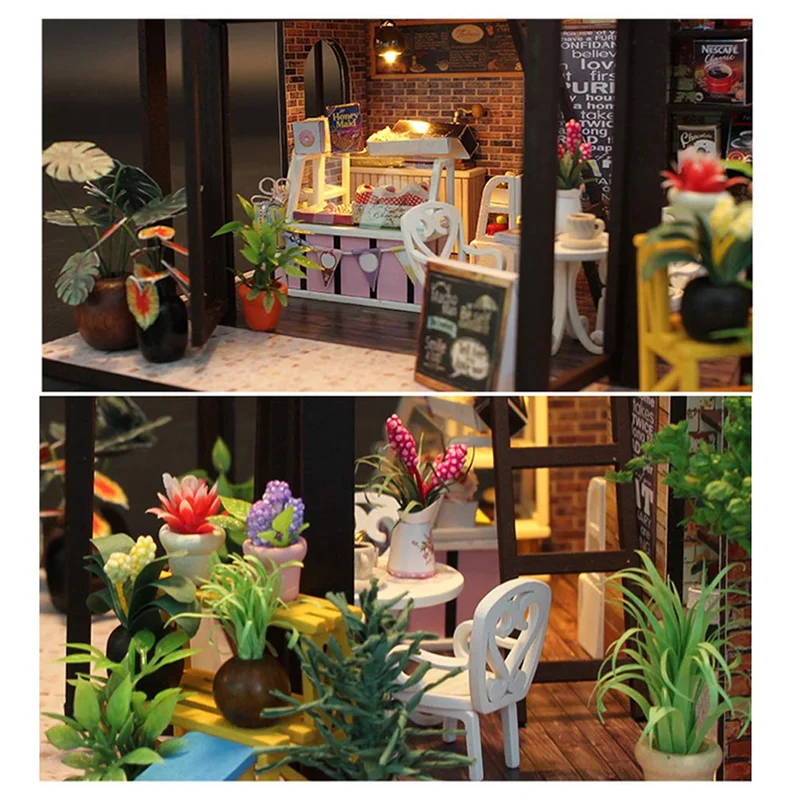 DELAM-ミニチュアDIYコーヒーハウスキットDIYドールハウスキットデスク本棚装飾女の子男の子子供大人向けアイデアギフト