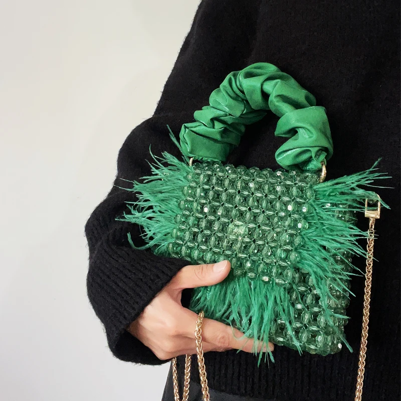 Custom Plush Green Beaded Bag Hand-woven Chain Shoulder Cross-body Bag Woman Party Purses and Handbags Luxury Designer