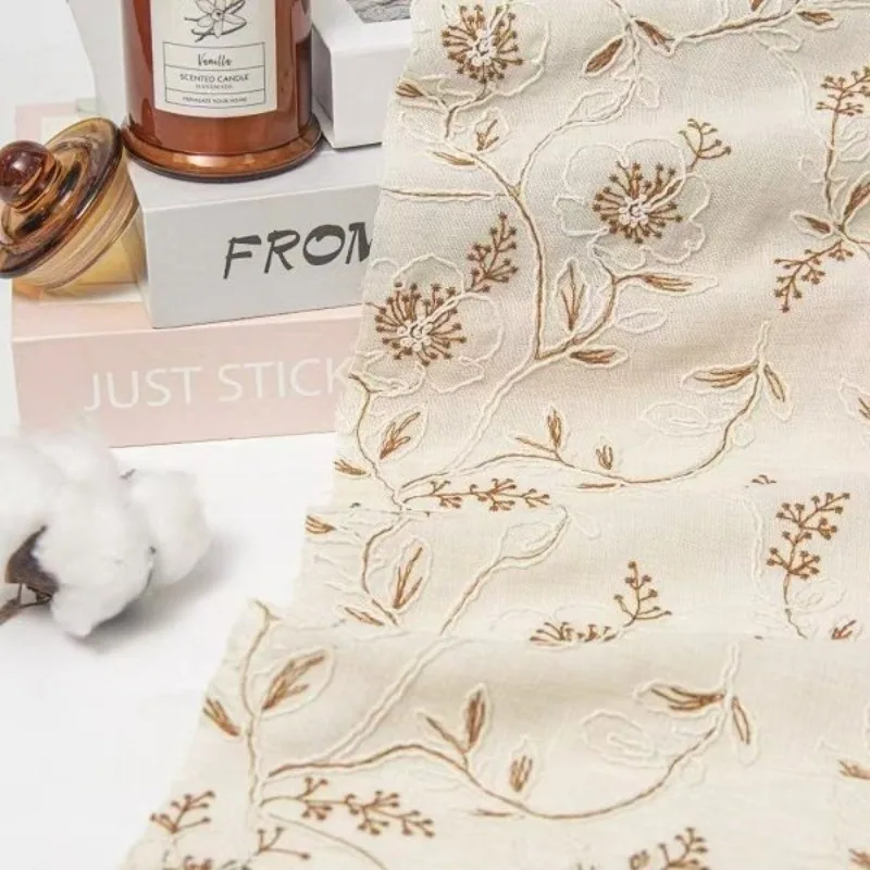 Embroidered Tulle Lace Trim Fabric Linen Cotton Vintage Crabapple Rope Stitch Sheer Stage Dress Gown DIY Sewing Accessories view 2