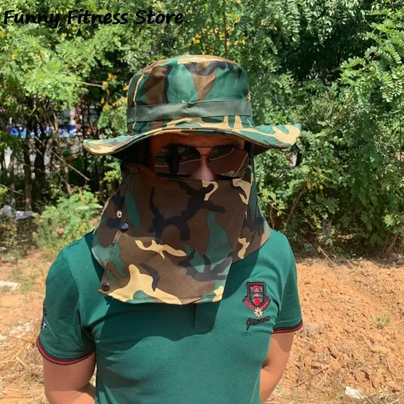 Summer Men Camo Panama Hat Detachable Mask Grassland Cap Tactical Sunscreen Bucket Hats Fishing Hiking Hunting Army Caps Outdoor