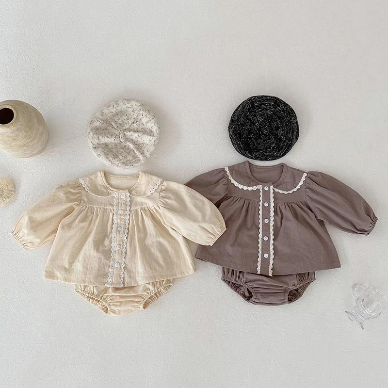 

0-3Yrs Toddler Baby Girls Clothes Suit Autumn Infant Kids Baby Girls Clothes Set Long Sleeve Lace Shirt + Shorts 2pcs