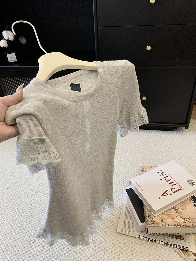 Korean Style Short Sleeve T-Shirt Women's Summer Lace Splicing Self-Keeping  Knot Design Top City Walk Commute Wind