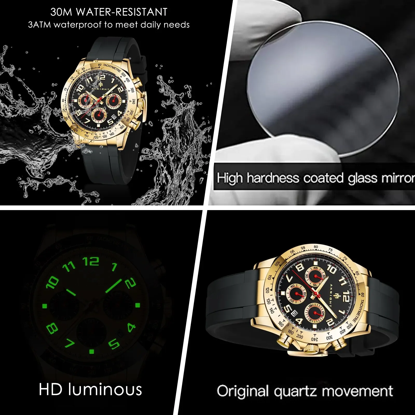 AKNIGHT Mens Watches Premium Quartz Movement Analog Watches for Men Luminous Waterproof Silicone Band Llightweight Wristwatch