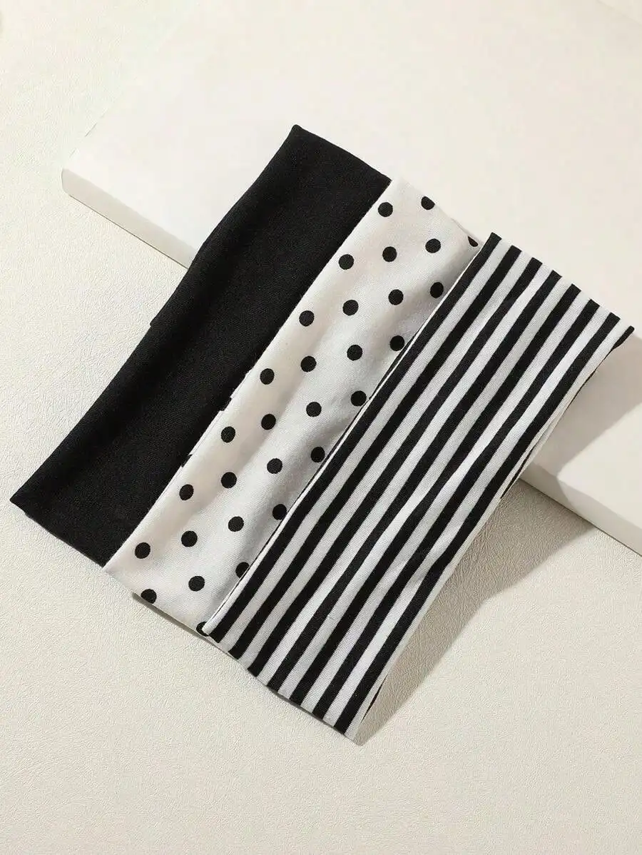

3-Pack Black and White Polka Dot Striped Elastic Headbands, Suitable for Daily Life, Yoga, Sports, Travel, Women's Fashion Headw