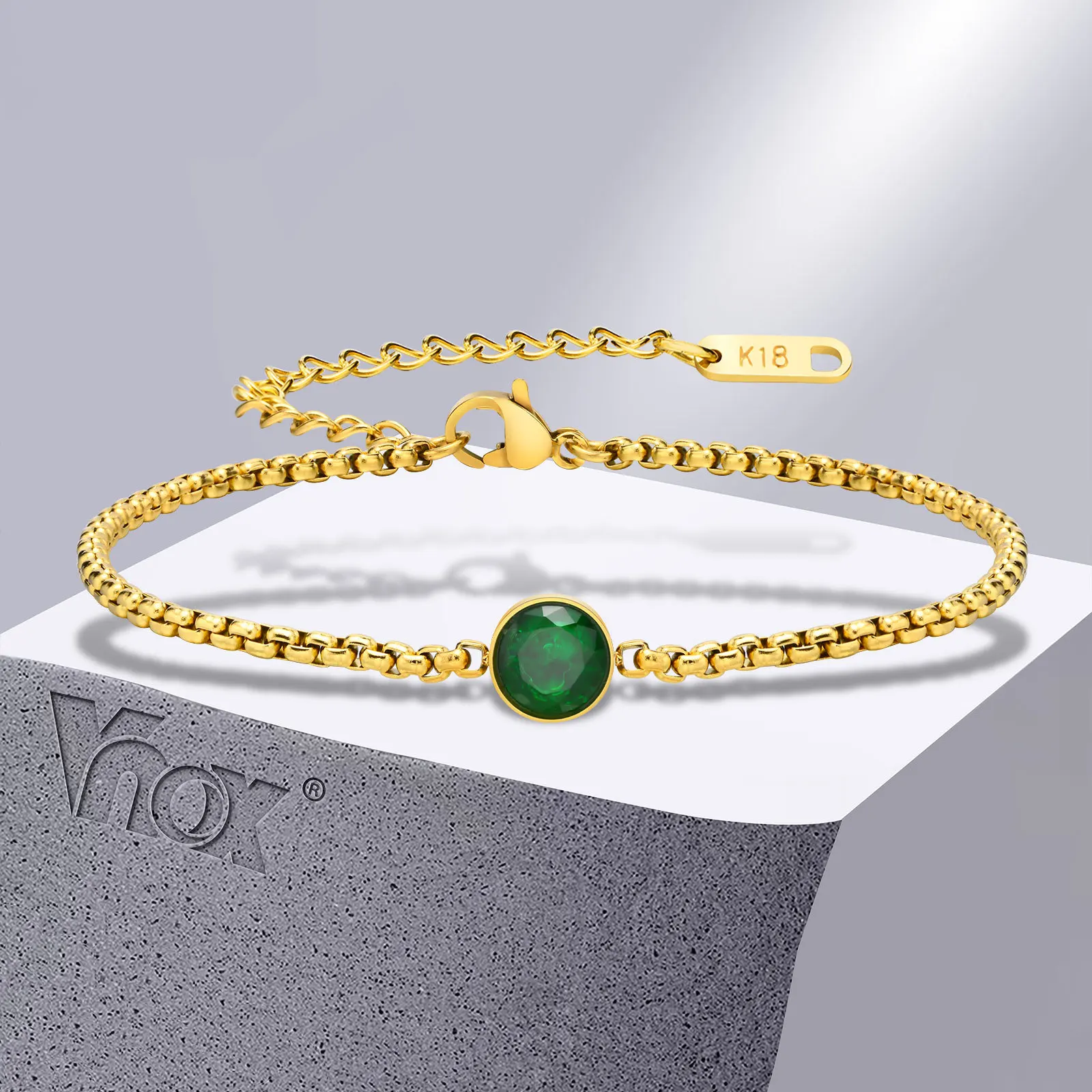 Vnox Women Box Chain Bracelet,Adjustale Gold Color Stainless Steel Metal Links with Green AAA CZ Stone Wristband,Vintage Jewelry