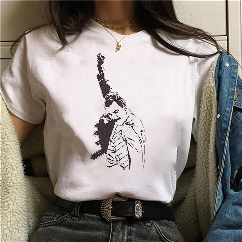 

2024 Freddie Mercury Queen Band T Shirt Women Hip Hop Music Lover Tops 90s White T Shirt Harajuku Fashion T-Shirt