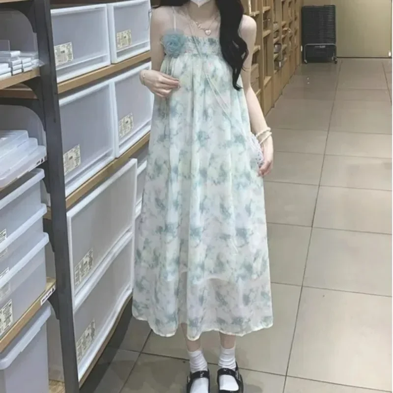 المرأة الصيف كشكش ثلاثية الأبعاد زهرة الدانتيل متابعة الحلو الجنية فستان الشاطئ التعادل صبغ طباعة مثير السباغيتي حزام بلا أكمام فضفاض فساتين متوسطة الطول #3