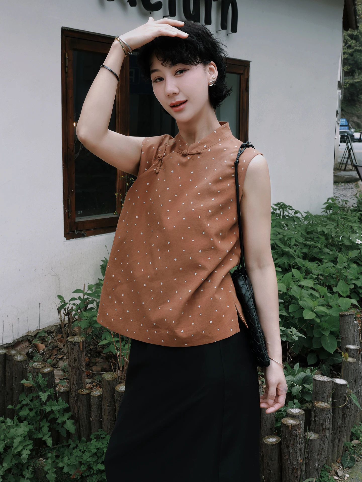

Женский летний топ без рукавов TT Lin Garden Magnolia в новом китайском стиле из чистого хлопка с принтом в горошек