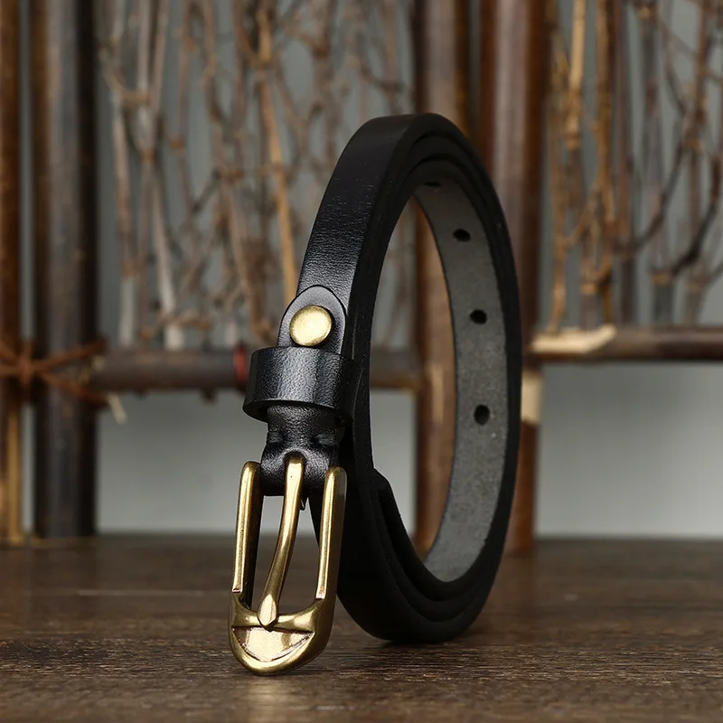 1.5CM Wide Women's Decorative Slim Belt with Shoe-Style Copper Buckle for Outerwear Pure Cowhide Retro Fashion Trendy Narrow Bel