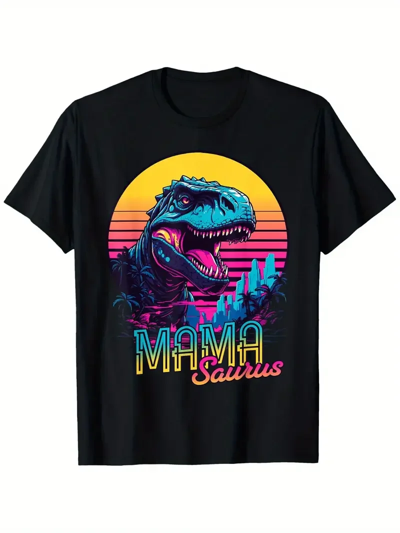 Funny MamaSaurus T-Rex Dinosaur Mom T-Shirt Retro Vintage Tee Soft Crew Neck Short Sleeve Shirt - Mother's Day Gifts for Women