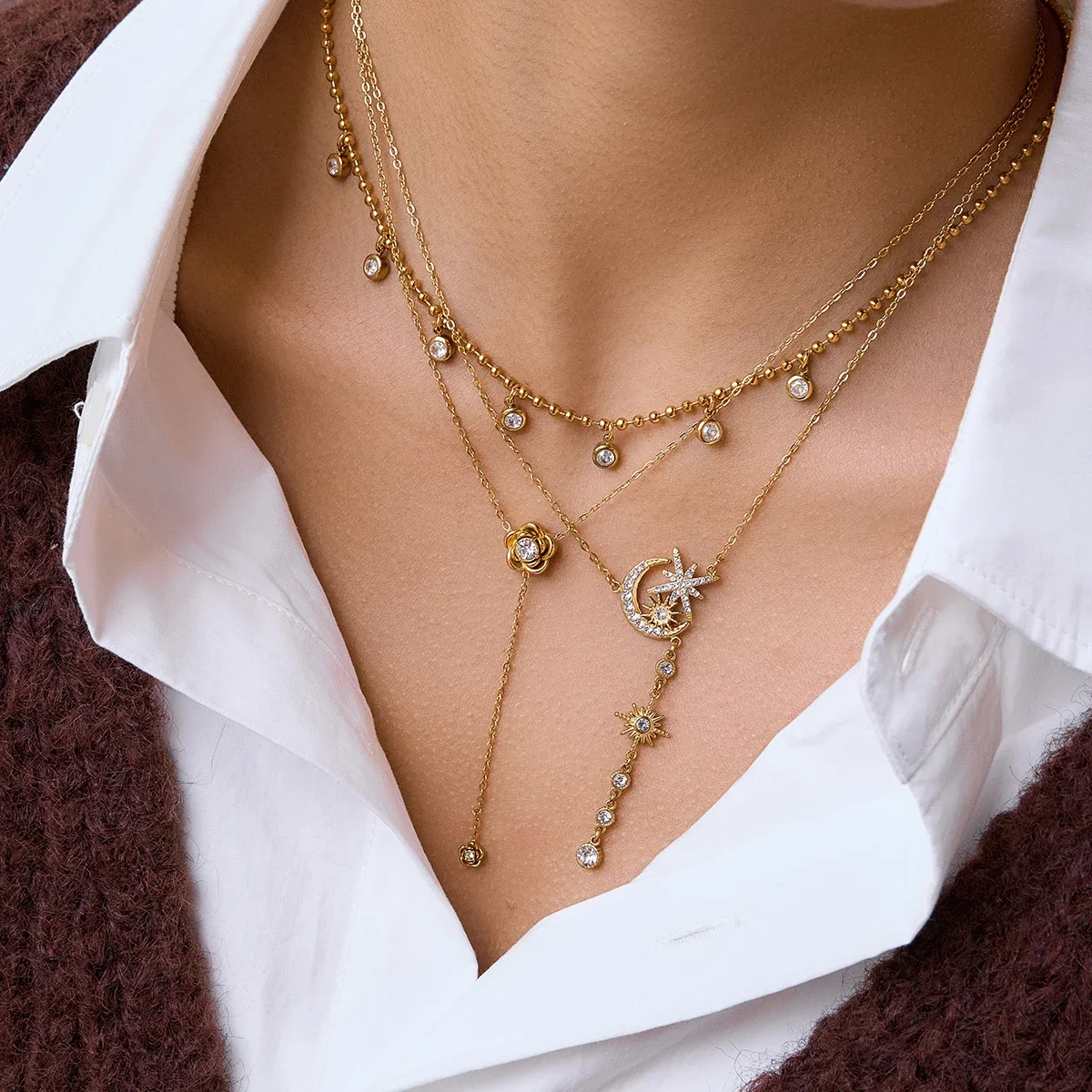 

Crystal Flower Moon Star Necklace Women Minimalist 18K Gold Plated Stainless Steel Fashion Jewelry Gift