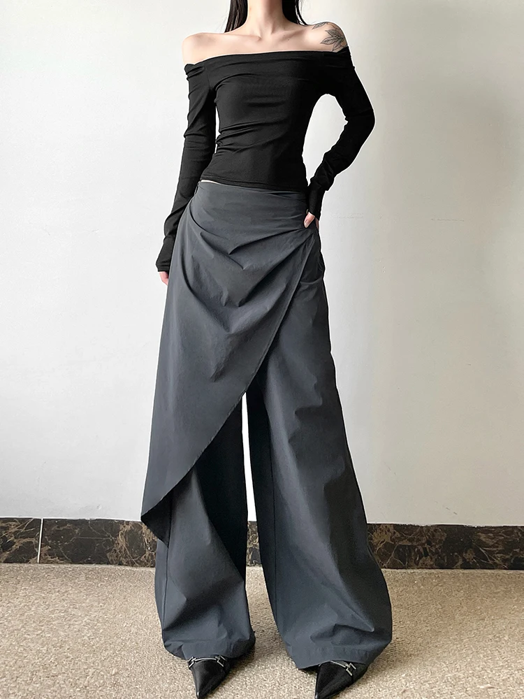 กางเกงลำลองเอวสูงทรงสลิมสไตล์เรโทรแฟชั่นต้นฤดูใบไม้ร่วง WEIRD PUSS กางเกงลำลองเอวสูงทรงไม่สมมาตรสำหรับผู้หญิง