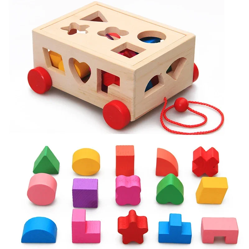 

Montessori Shape Sorter Toys Wooden Pull Along Car Shape Sorter Matching Blocks Box Kids Intelligence Educational Toys For Kids