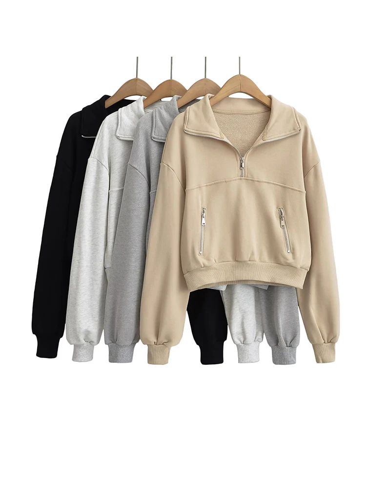 

Женская толстовка с отложным воротником на молнии, свободный пуловер, толстовка