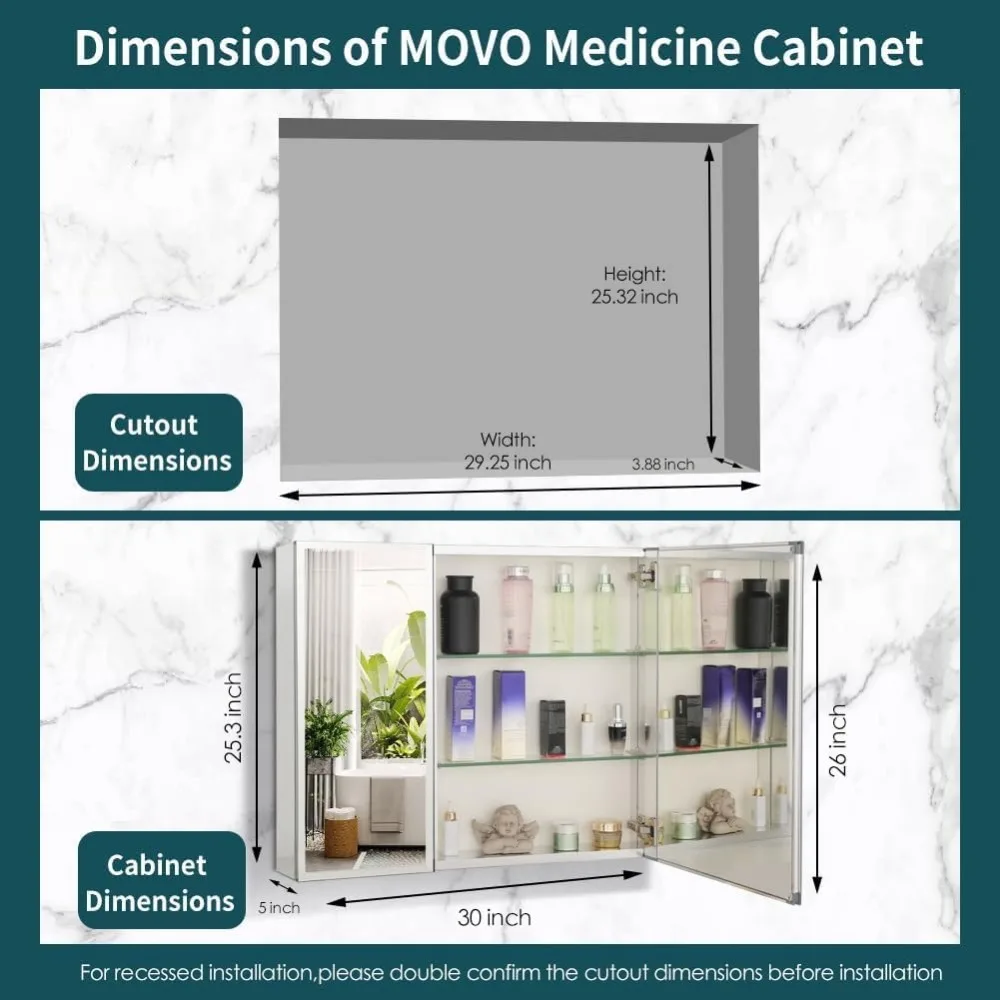 خزانة طبية من الألومنيوم مقاس 30 × 26 مع مرآة وأرفف قابلة للتعديل للحمام #3