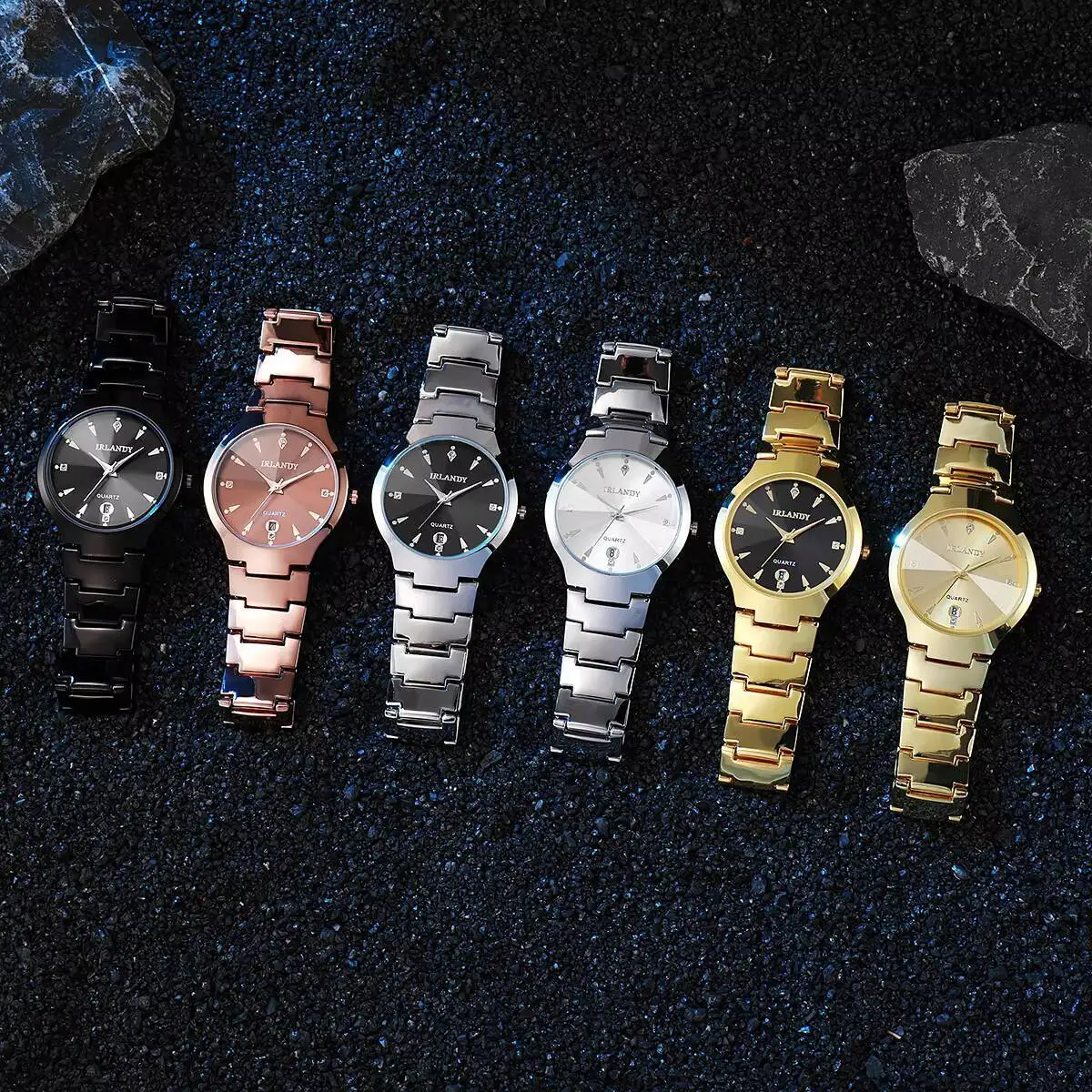 高級メンズビジネス腕時計ファッションステンレススチールストラップカレンダークォーツ時計メンズ時計リロイオンブレ（箱なし）