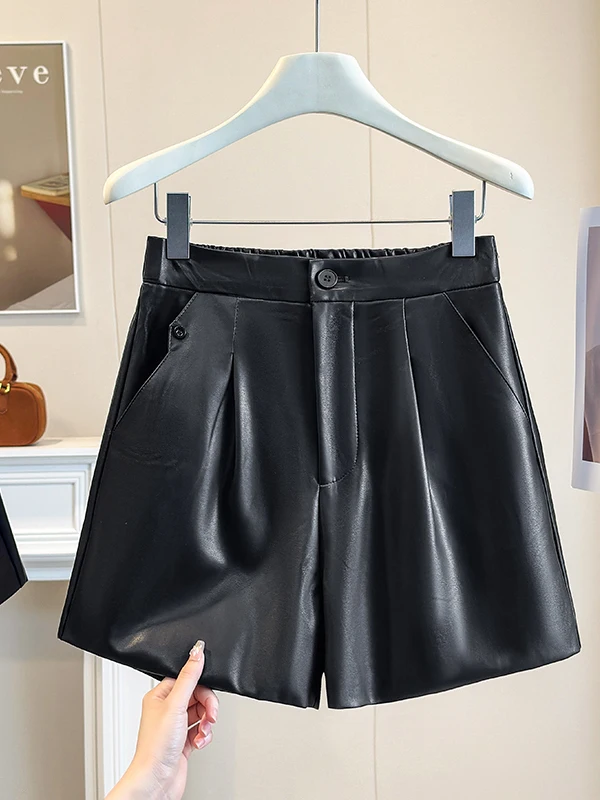 High Waist Black PU Leather American Style Women's Pants Autumn Winter Wide Leg Casual Short Trousers Bodycon Boot Pants