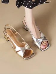 Buckle Open Toe Sandals Women's Mid-heel 2024 Summer New Retro Square Toe Thick Heel Fashion Shoes