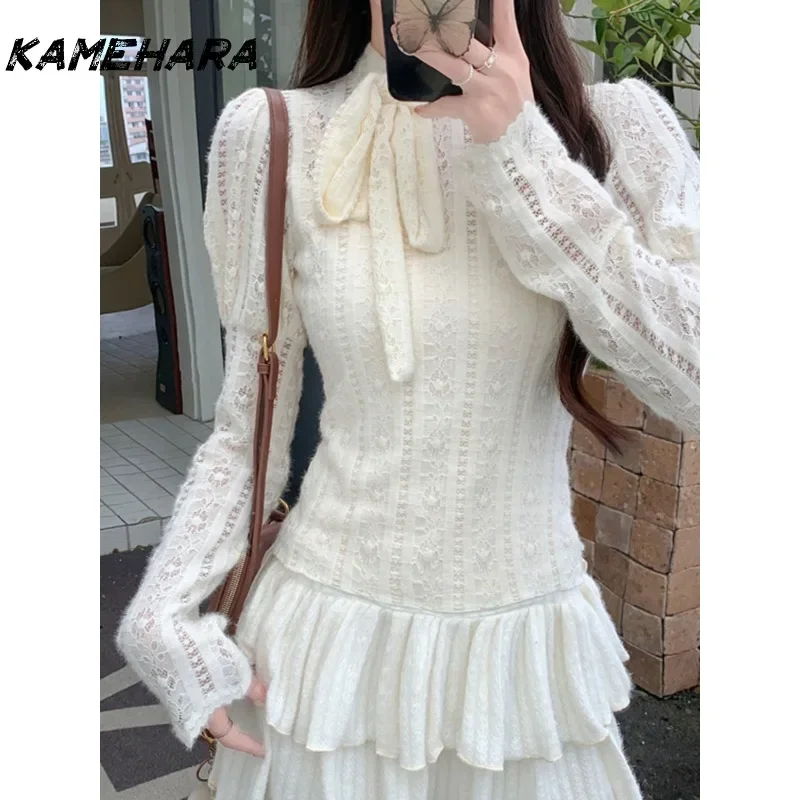 

KAMEHARA Spring Little Fragrant Bow Gentle Long Sleeve Lace Hollow Waist Blouses Original Su Style Retro Women Blouse Corset Top