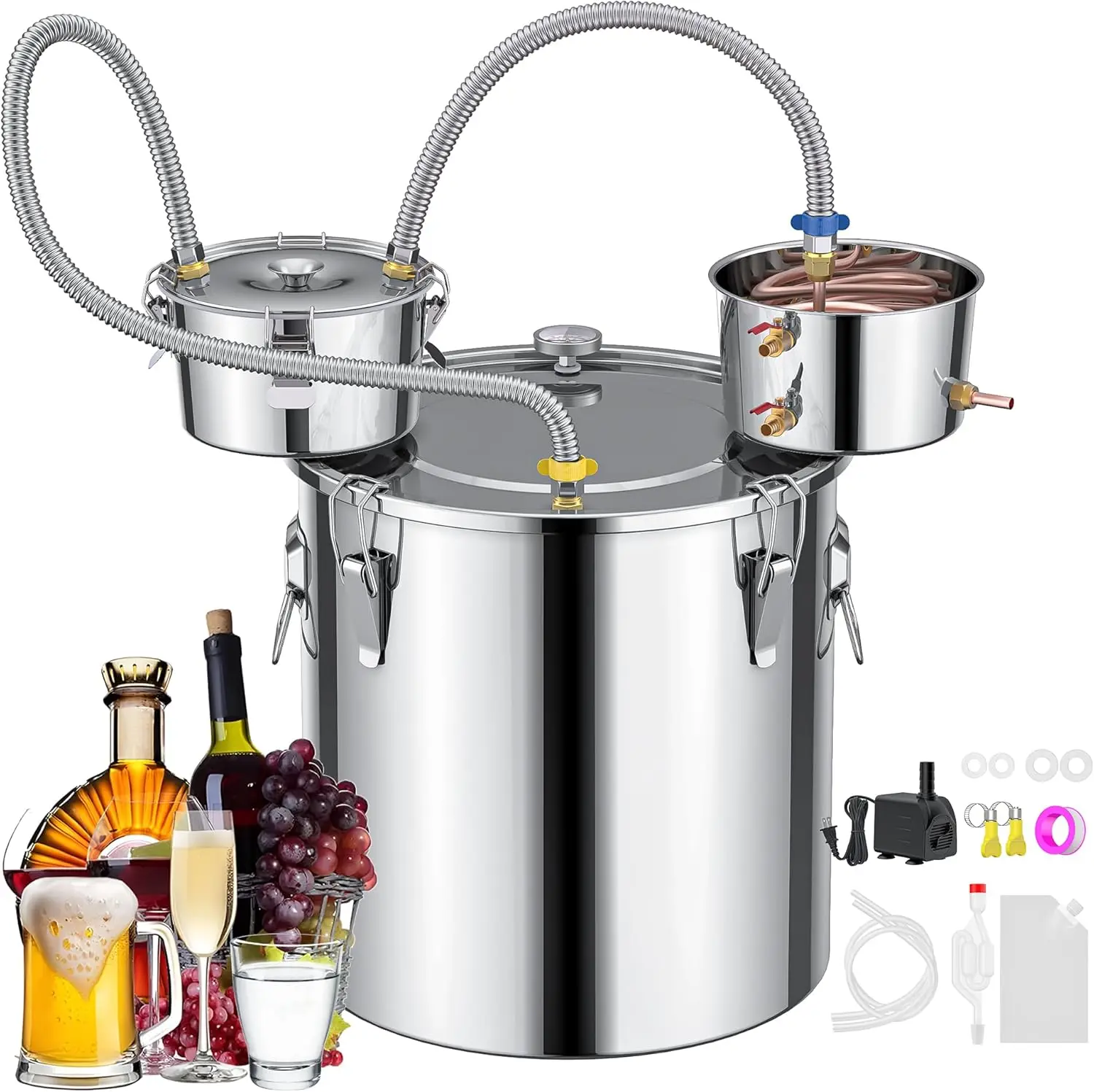 

CAMMOO 3 Pots 13.2Gal/50L Moonshine Still Kit Complete with Thumper and Condenser, Thermometer, Submersible Pump, Stainless Stee