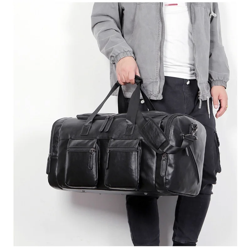 Large Capacity Men Travel Bag Casual Fitness Handbags PU Leather Luggage Pack Outdoor Shoulder Travel Duffels For Male