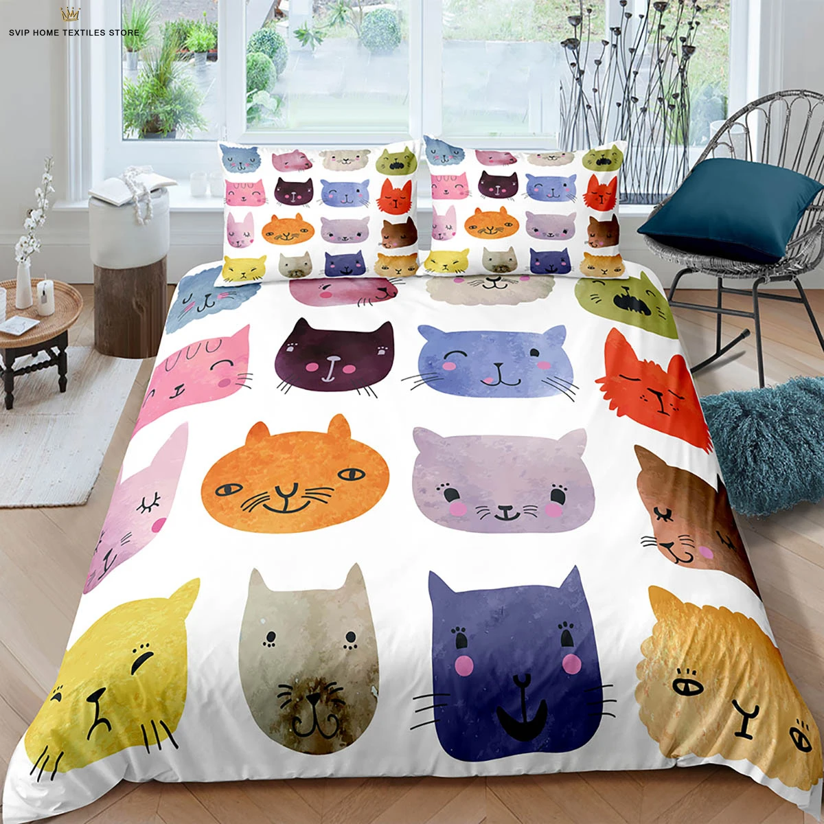 

Cute Cat Cartoon Printed Duvet Cover Polyester Machine Washable Bedding Set Duvet Cover Pillowcase Three-piece Set