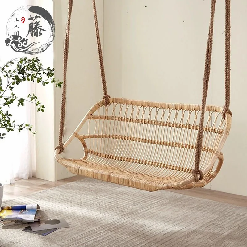 Courtyard Outdoor Hanging Bed Handmade Rattan Weaving Swing with Mat Garden Hammock Grid Basket