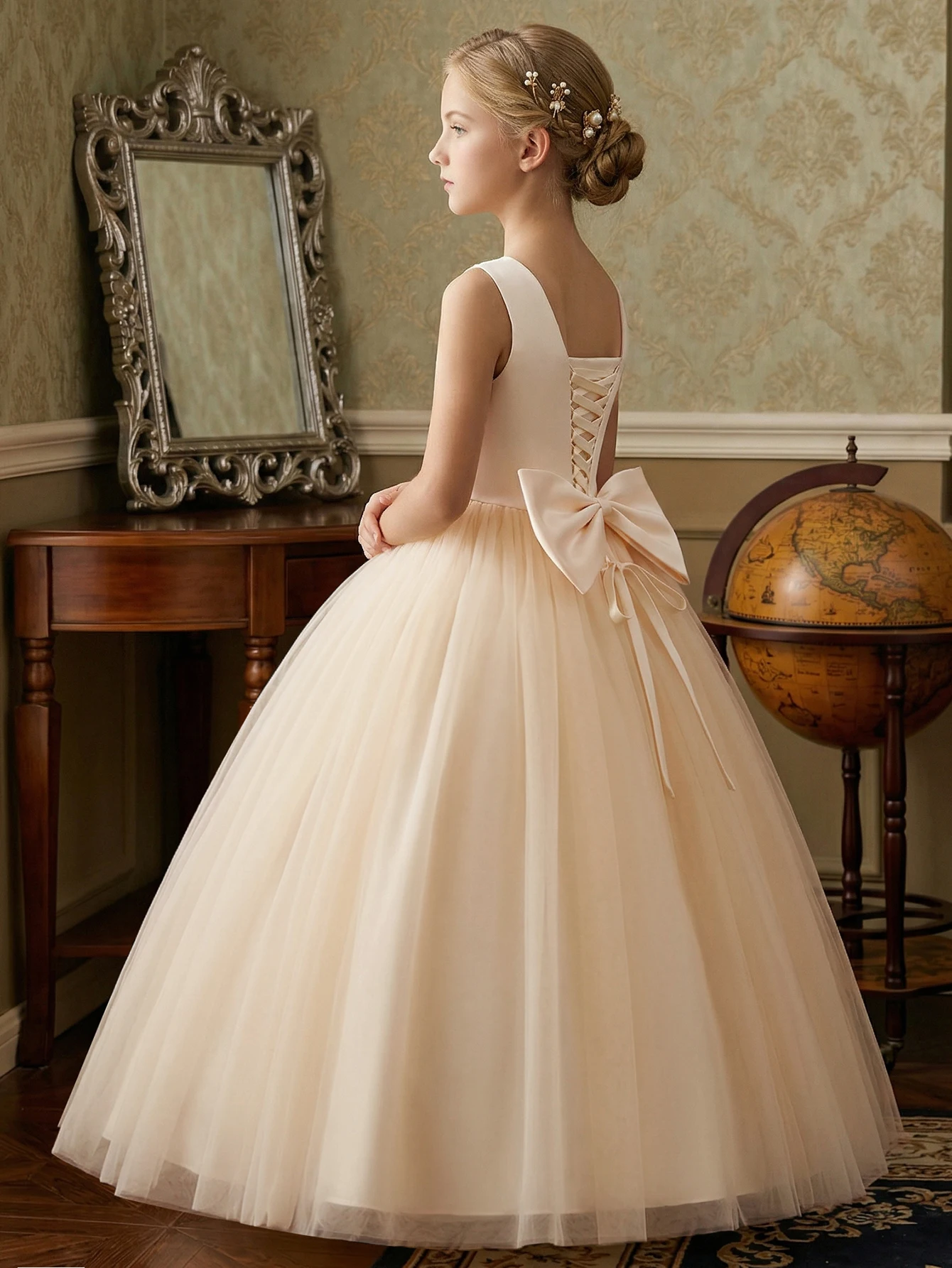 Teen Girl Birthday Party Dress with Back Strap Designing Bow Decorations in Champagne Satin Patchwork Netting A-Line Skirt.