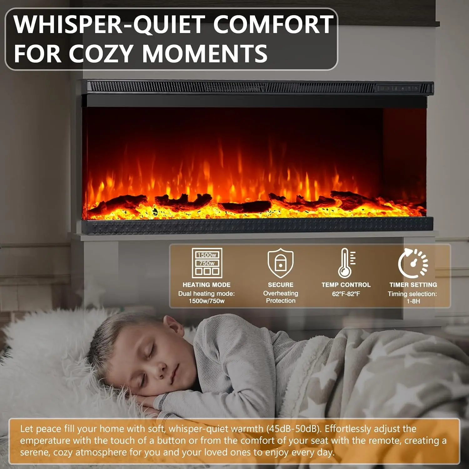 3-Sided Electric Fireplace Insert Freestanding Mantel 12-Color Flame 1500W Heater Remote Log Crystal 40