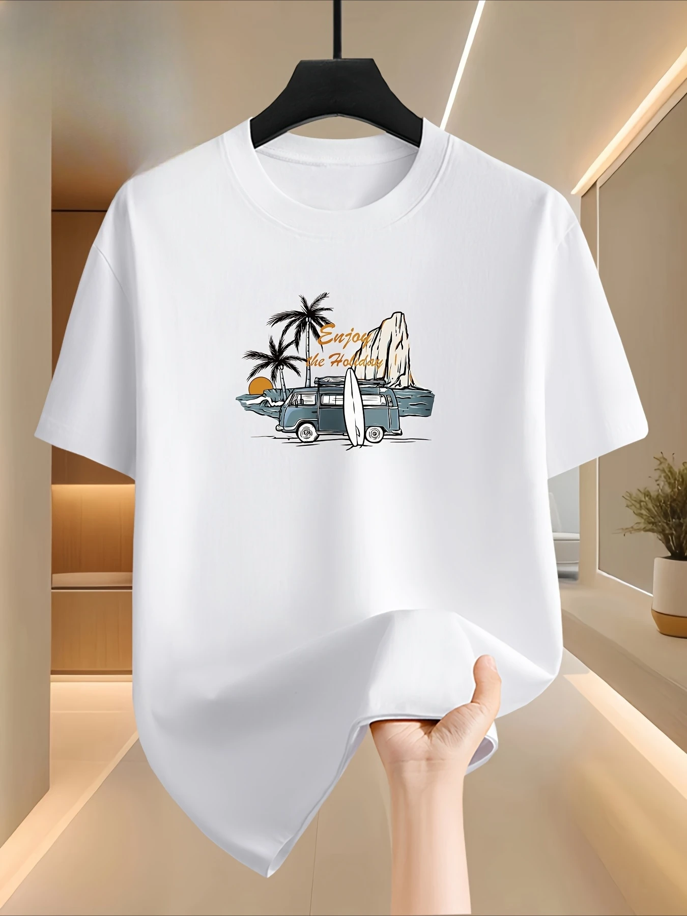 Palm Tree Beach Enjoy The Holiday Graphic T-shirt Men Women Cotton Short Sleeve Summer Travel Casual Loose Daily Tops