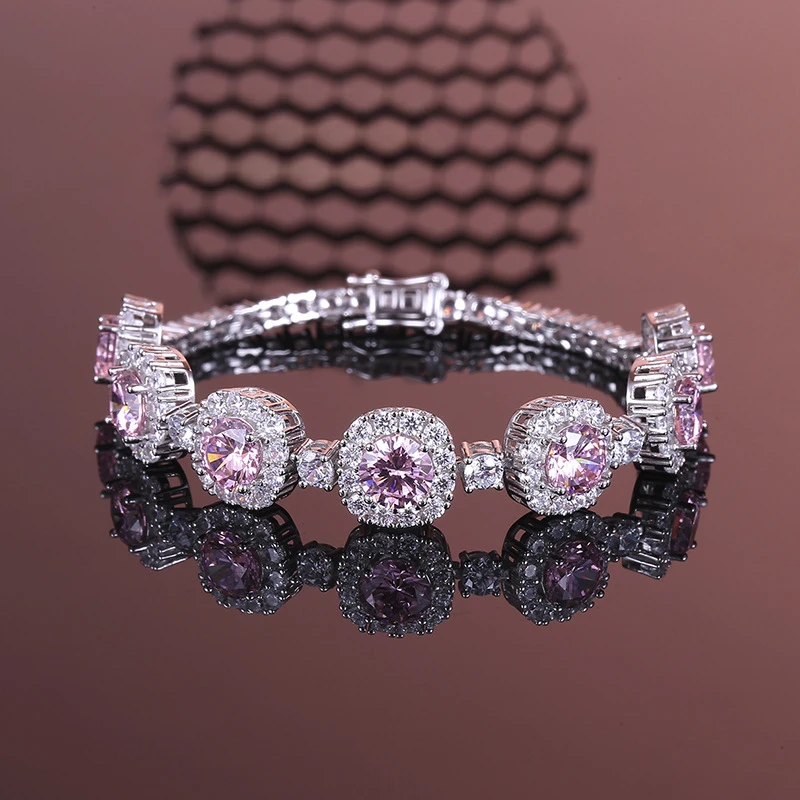 

925 Sterling Silver Luxury Princess Style Bracelet with Pink Diamond and High-carbon Diamond Inlaid Fine Jewelry Gift