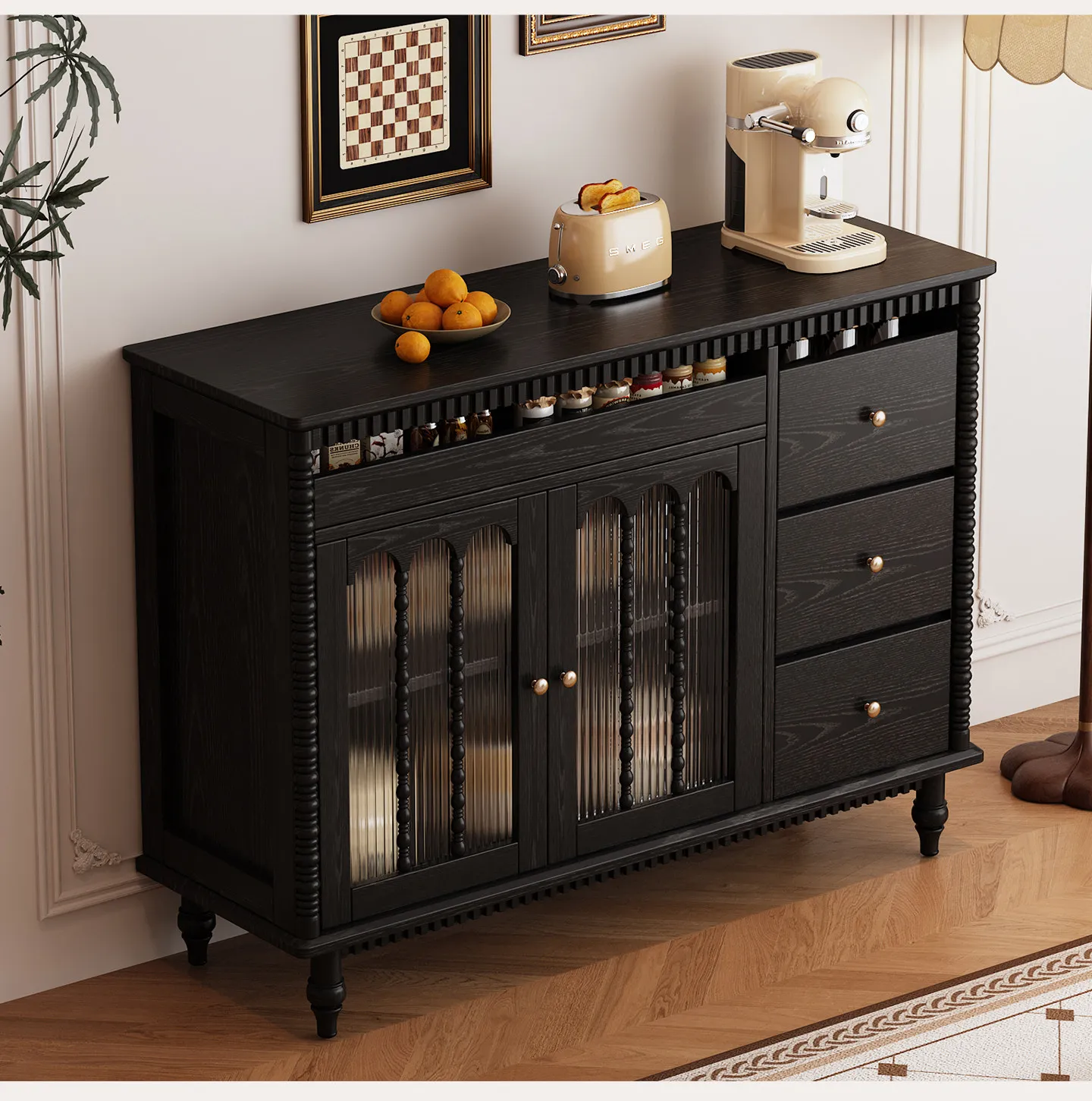 

PYH side cabinet integrated solid wood medieval retro living room wine cabinet porch bucket cabinet glass door