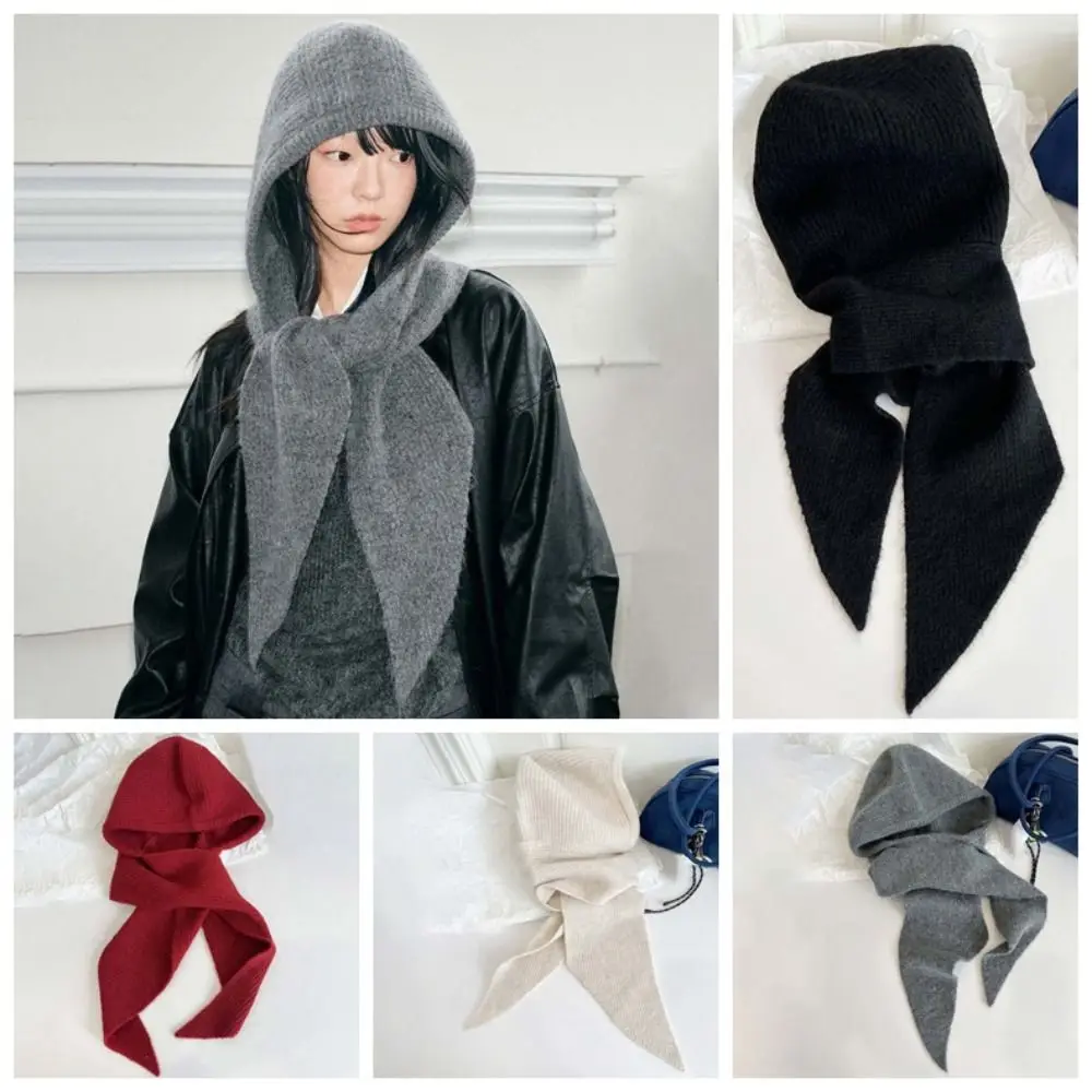 

Acrylic Fibers Knitted Hooded Cap Triangular Soft Neck Collar Beanies Cap Solid Color Thickened Winter Neckerchief Hat Outdoor