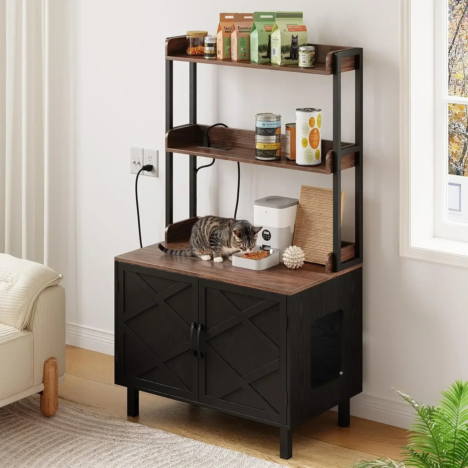 55 Inches Cat Litter Box Enclosure, Hidden Litter Box Furniture with 2 Storage Shelves and Charging Sockets, Wooden Cat House, L