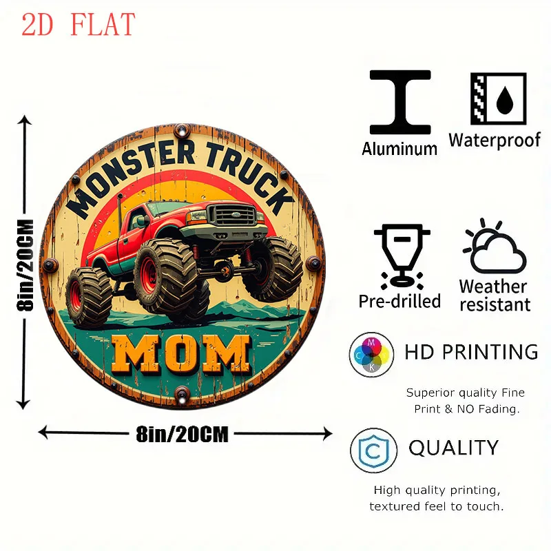 1pc 8 Inch Monster Truck Metal Wall Art Sign - Rustic Farmhouse Round Red Truck & Mountains Design with 