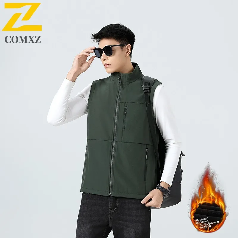 COMXZ New Softshell Vest  Autumn Winter Fleece Snow Skiing Jacket Men Plus Size Thermal Workwear Techwear Windproof Vests