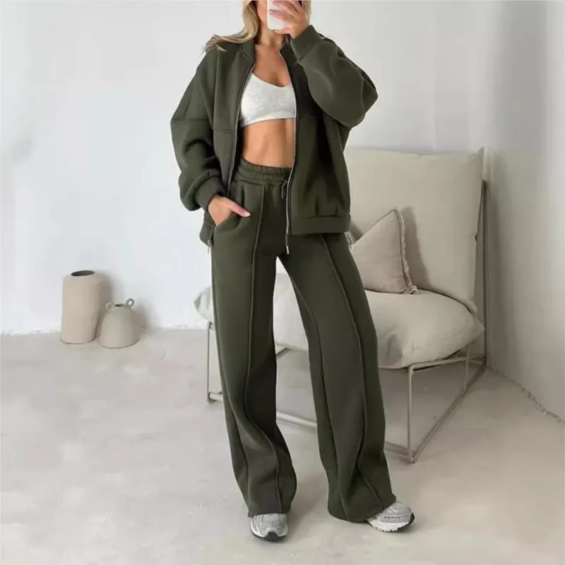 

Women Clothing New Fashion Casual Pant Set Loose Zipper Sweatshirt Coat Straight Pants Drawstring Pocket Trousers 2 Piece Set