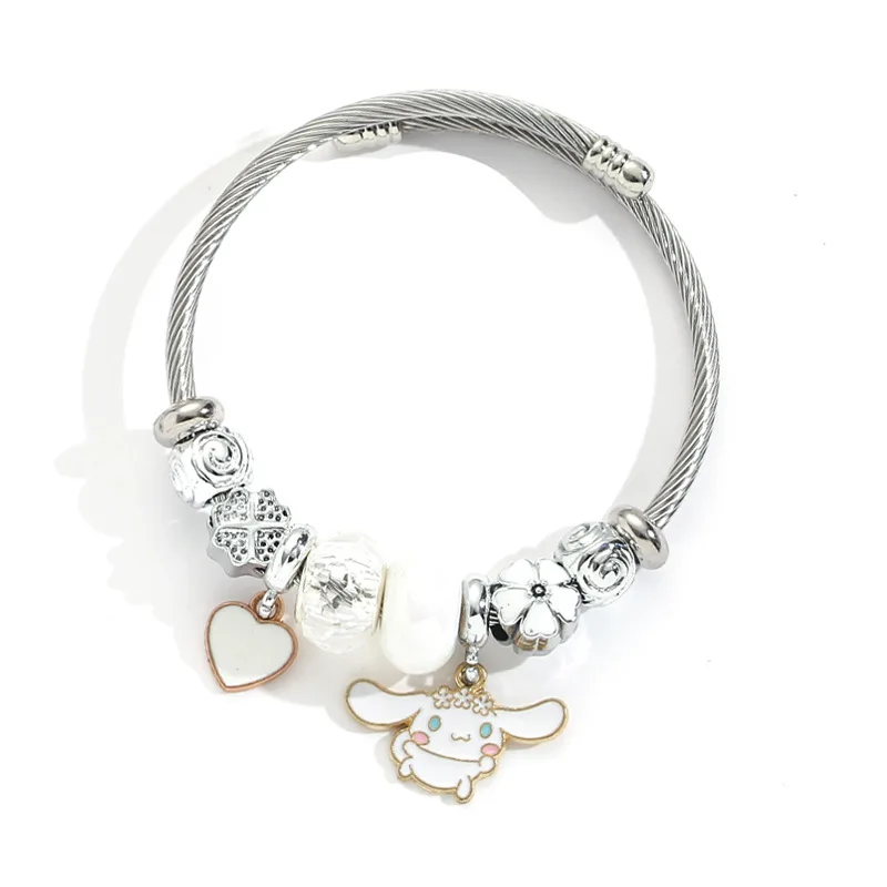 Brazalete de acero inoxidable lindo Sanrio Cinnamoroll corazón flor pulseras con dijes para mujeres niñas regalos de cumpleaños para amigos familia