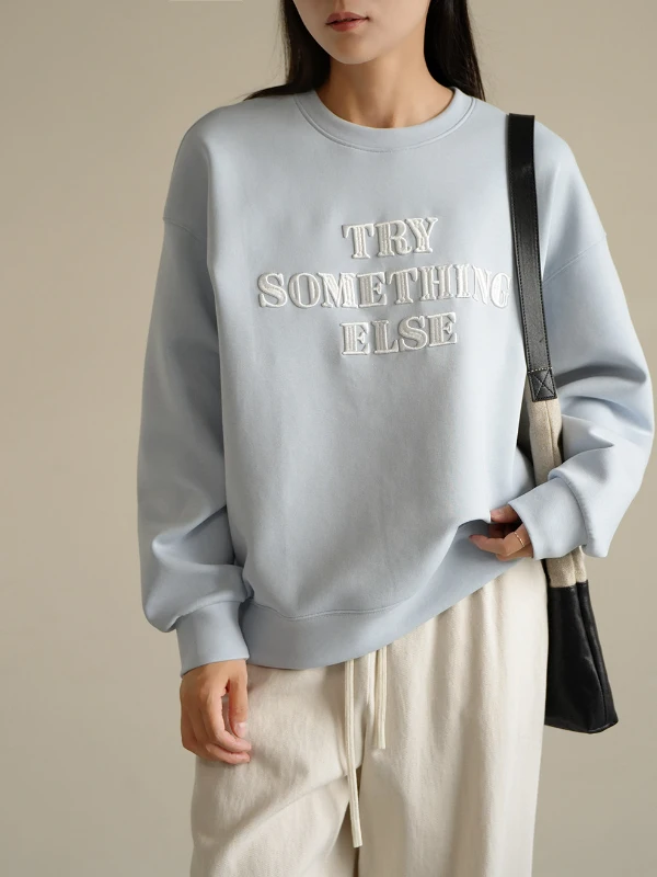 

Женский хлопковый свитшот с объемной вышивкой, 350 г, круглый вырез, пышные рукава, весна-осень, уличный стиль, повседневная одежда, комфортная посадка