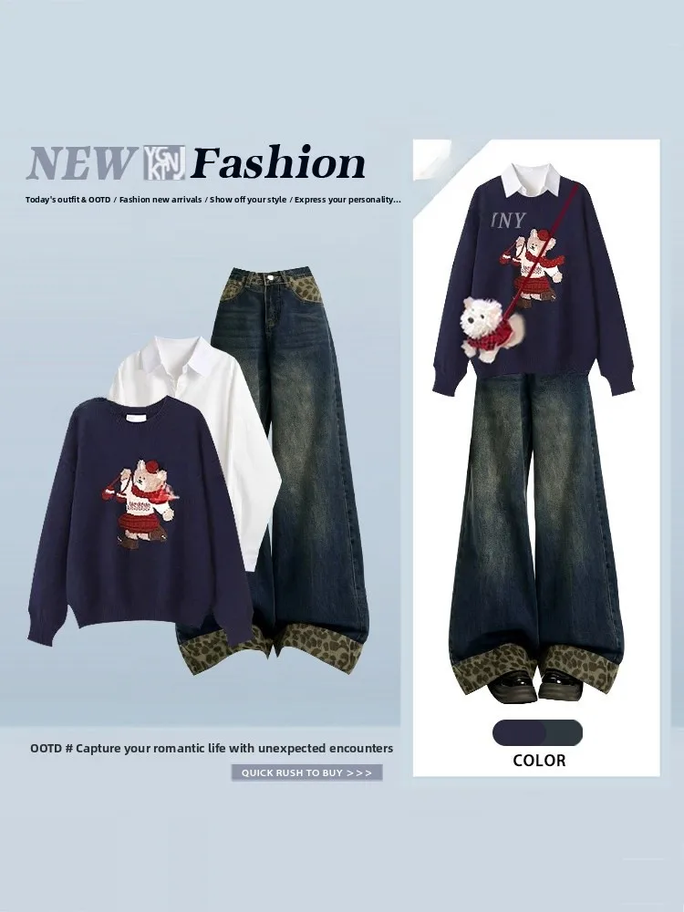 Schattige retro cartoon beer blauw rond ne sweatshirt casual winter irt top luipaardprint jeans set dames Faion Ensemble