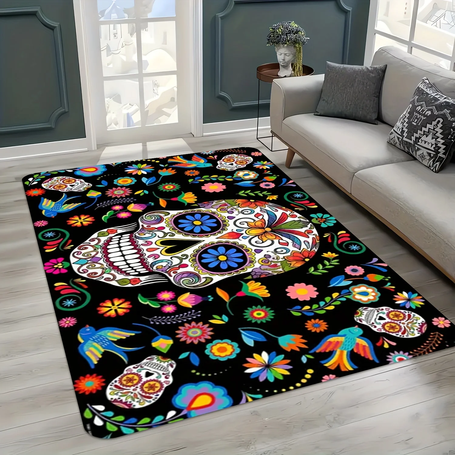Vibrant Bohemian Sugar Skull Floral Print Area Mat Rug Mexican Dia de Muertos Style Runner for Living Room Home Decor Accent