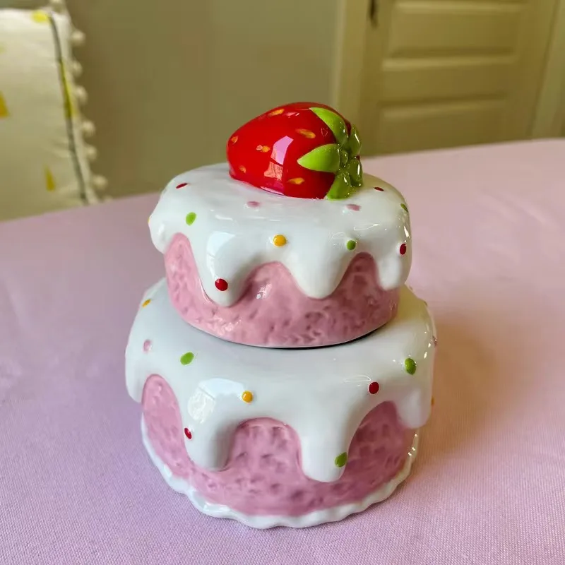 Ceramic Strawberry Cake Storage Container  Jewelry Box Cute Storage Jar Seasoning Girly