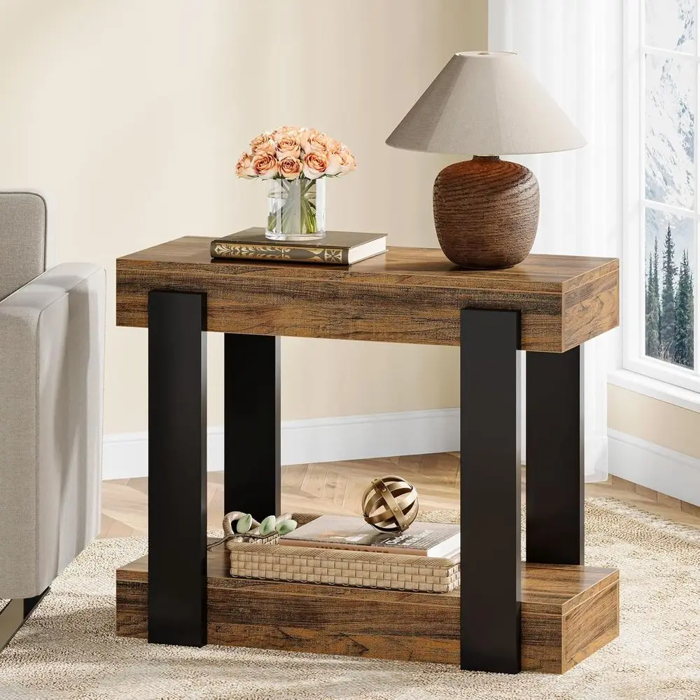 

2-Tier Storage Side Table, Rustic Brown & Black for Living Room or Bedroom