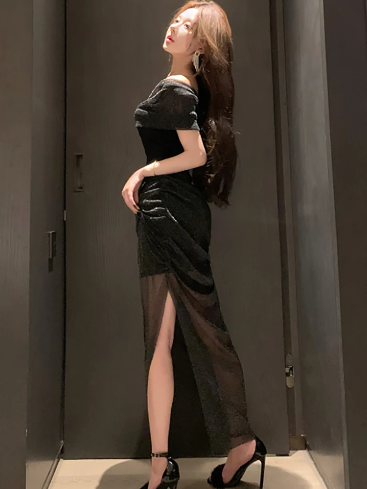 2025 ใหม่สีดําผ้าไหมตาข่าย SHEER เซ็กซี่ชุดผู้หญิง Elegant Chic หน้าอกห่อชุดฤดูใบไม้ผลิฤดูร้อนเกาหลี ...