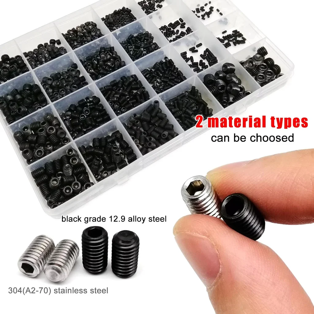 XLGYLPRO M2 M2.5 M3 M4 M5 M6 M8 DIN916 304 Stainless Steel Black Hex Hexagon Socket Allen Cup Point Grub Bolt Set Screw Kit Box