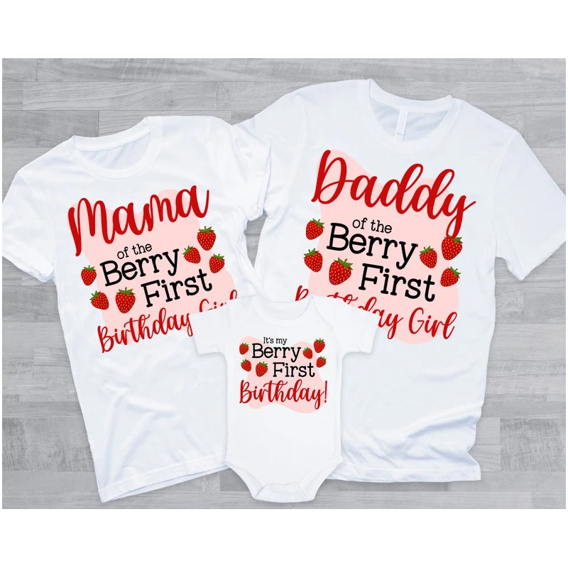 

Strawberry Birthday Shirt Berry First Birthday Family T-Shirts Sweet One Birthday Girl 2025 One Year Old Pink T Shirt Mom Dad